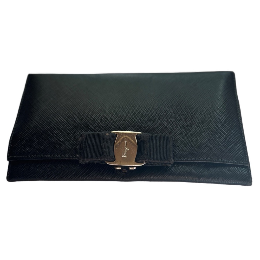 Salvatore Ferragamo Black Vara Ribbon Silver Bi-fold Authentic